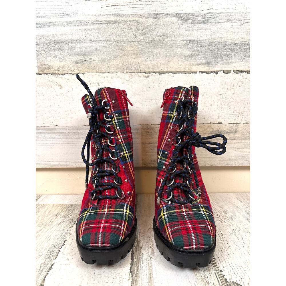 Gianni Bini Womens 7.5 Red Ambelynn Plaid Lug Sole Heeled Hiker Combat Bootie - Picture 3 of 10